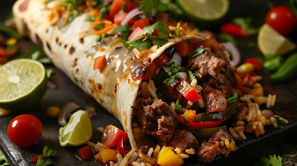 The main focus is a large, stuffed burrito with its contents visible at one end. - obrazy, fototapety, plakaty