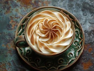 Cappuccino with artful cream pattern, top view, soft morning light, inviting and aromatic