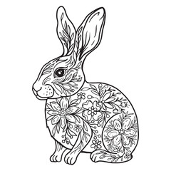coloring page with rabbit, outline illustration of rabbit with floral ornament