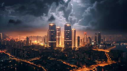  A stormy night cityscape with lightning illuminating towering skyscrapers and a sprawling urban area. - obrazy, fototapety, plakaty