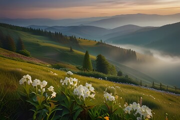 Blooming white flowers in Carpathians. Foggy summer scene of mountain valley. Colorful morning view of Borzhava ridge, Transcarpathians, Ukraine, Europe. Beauty of nature Generative AI - obrazy, fototapety, plakaty