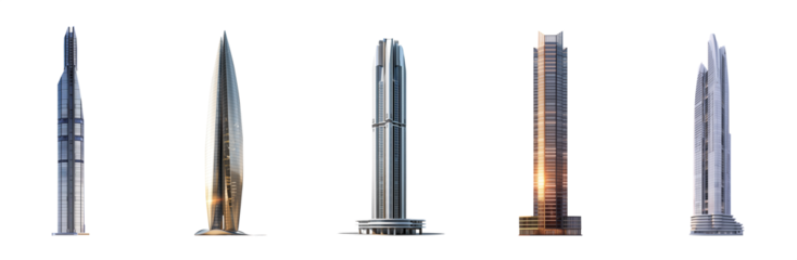 Skyscraper set. Tall, supertall, megatall skyscrapers collection. Isolated transparent PNG background. Concepts based on: architecture, modern, business, industry, construction, engineer