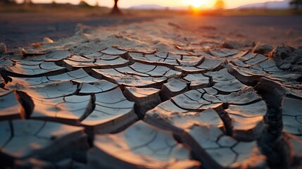 
The golden light of sunset casting over cracked earth in a desert landscape.
