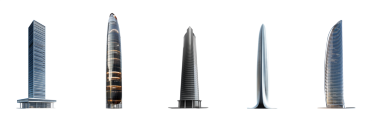 Skyscraper set. Tall, supertall, megatall skyscrapers collection. Isolated transparent PNG background. Concepts based on: bank, property, real estate, smart, residence, residential, corporation, city