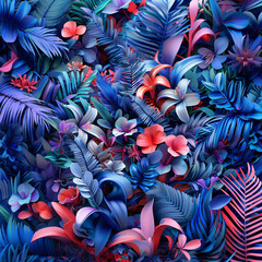 A vibrant mix of colorful tropical flowers and leaves creating a mesmerizing visual effect.
