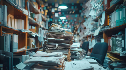 Workplace Stress, An overwhelmed employee in a chaotic office space besieged by paperwork. - obrazy, fototapety, plakaty