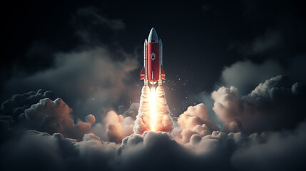 Red Rocket Launching into Space with Bright Flames and Smoke Clouds