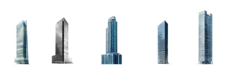 Skyscraper set. Tall, supertall, megatall skyscrapers collection. Isolated transparent PNG background. Concepts based on: residence, residential, corporation, city, architecture, modern, business