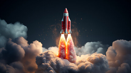 Red Rocket Launching into Cloudy Sky Illustration