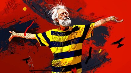 Obraz premium Senior man in colorful clothes dancing hip hop on red background with doodles. Contemporary art collage. Concept of aging, fashion, surrealism, freedom and acceptance. Colorful poster
