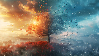 Art concept representing the transition from winter to spring equinox. - obrazy, fototapety, plakaty