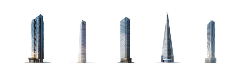 Skyscraper set. Tall, supertall, megatall skyscrapers collection. Isolated transparent PNG...