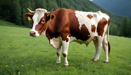 Fototapeta na wymiar A-Cow-Grazing-Peacefully-In-A-Meadow-
