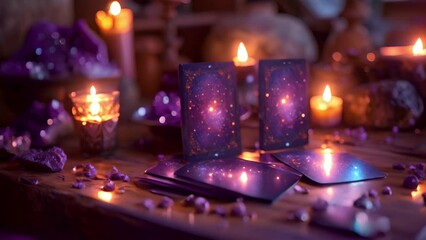 Tarot cards with candle light purple colors. fortuneteller reads fortunes by tarot cards and candles on the background. Astrology occult magic spiritual horoscopes and palm reading 4k video beauty