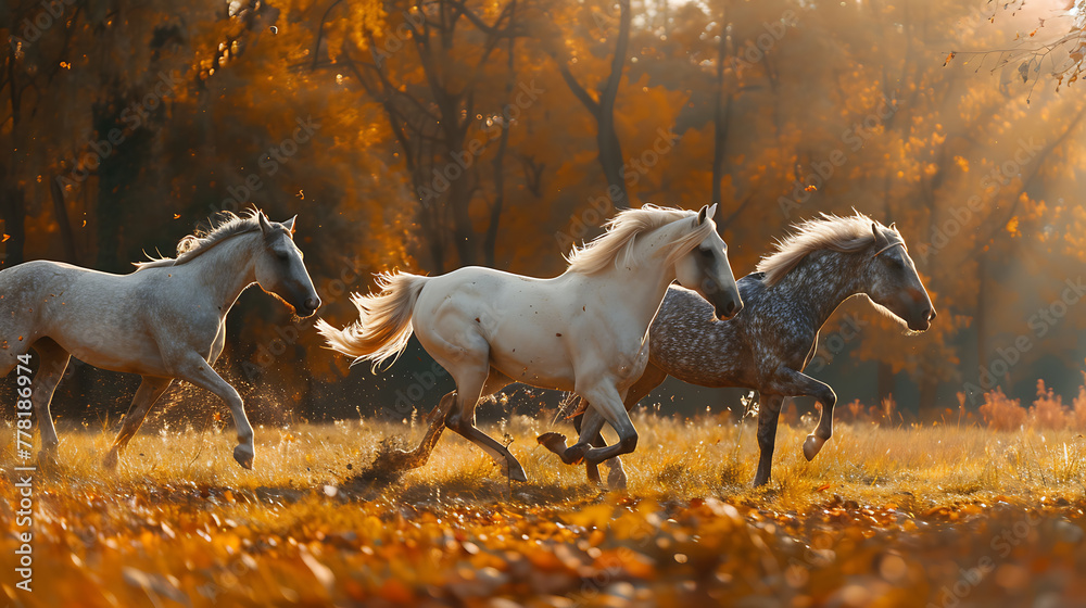 Wall mural a captivating scene of three horses galloping together in a sunlit field - Wall murals