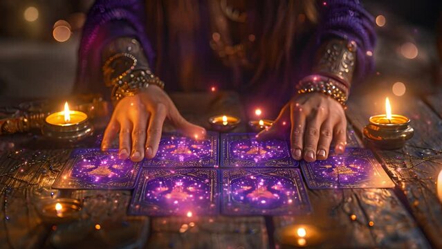 Tarot cards with candle light purple colors. fortuneteller reads fortunes by tarot cards and candles on the background. Astrology occult magic spiritual horoscopes and palm reading 4k video beauty