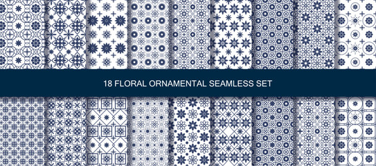 Oriental patterns seamless vintage 18 set in blue.