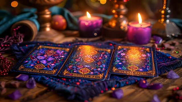 Tarot cards with candle light purple colors. fortuneteller reads fortunes by tarot cards and candles on the background. Astrology occult magic spiritual horoscopes and palm reading 4k video beauty