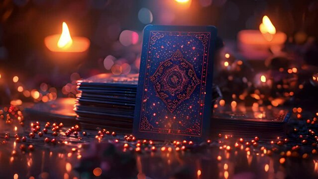 Tarot cards with candle light purple colors. fortuneteller reads fortunes by tarot cards and candles on the background. Astrology occult magic spiritual horoscopes and palm reading 4k video beauty