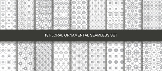 Oriental patterns seamless vintage 18 set in gray.