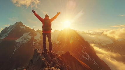 Mountaineering Triumph, Person celebrating a significant mountaineering achievement. - obrazy, fototapety, plakaty