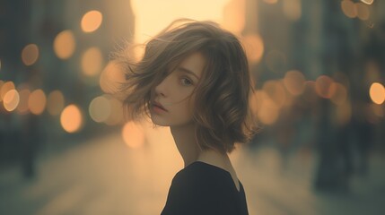 Fototapeta premium photography portrait of beautiful woman , stylish hair, background a New York street, in the style of George created by ai