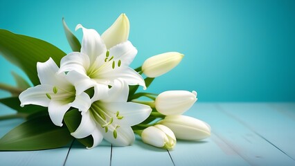a festive bouquet of white lilies tied with a pink ribbon on a turquoise background with a free pestle for text insertion. The concept of a greeting card with Valentine's Day, Women's Day