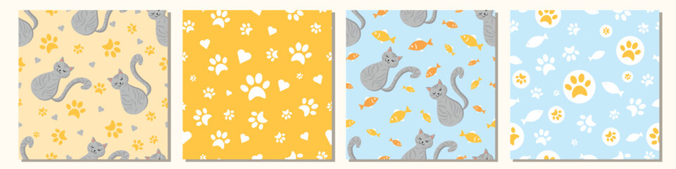 Big set of cats, cats paws and fish textured seamless patterns and card template set. Cats footprints signs texture. Animals concept vector repeatable and printable patterns collection.