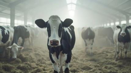 Advanced Dairy Farming, High-tech indoor dairy farm with cows and automated feeding.