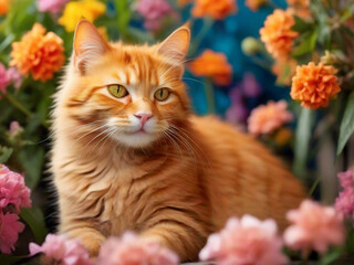Naklejka na ściany i meble A red-haired cat is sitting in a field against a background of bright flowers.