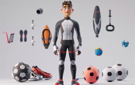 3D cartoon character of sports person standing in sports suit with white background with scattered sports equipment 