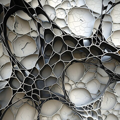 Abstract art of black web-like structures enveloping white, cracked spheres.