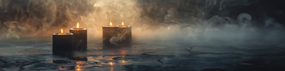 black magic witch candles on the ground with fog.