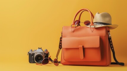 orange travel bag sunglasses, hat, camera, on pastel yellow background, travel, sea. - generative ai - obrazy, fototapety, plakaty