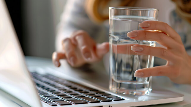 Close-up of female hands holding glass of water and using laptop