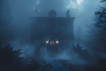 Eerie Fog Shrouds Secrets of Unsolved Mysteries in Ghostly Abandoned Mansion Steeped in Gothic Horror and Architectural Grandeur - obrazy, fototapety, plakaty