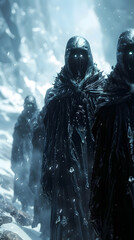 Fototapeta premium Enigmatic Cloaked Figures Shrouded in Ethereal Winter Mists Captivating Fantasy Digital Artwork