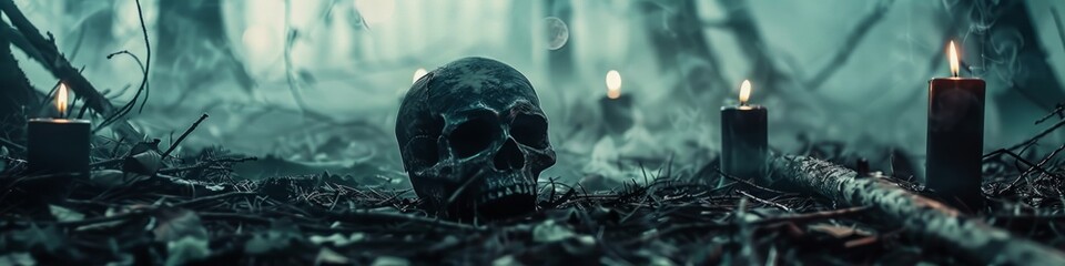 black magic candles with a skull on the ground with fog in the forest. - obrazy, fototapety, plakaty