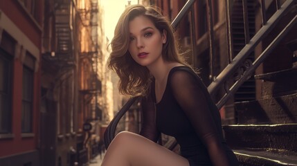 Obraz na płótnie Canvas photography portrait of beautiful woman , stylish hair, background a New York street, in the style of George created by ai