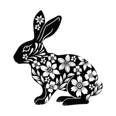 Easter bunny with floral pattern. Illustration for postcard, poster, sticker, pattern, Cute animal silhouette
