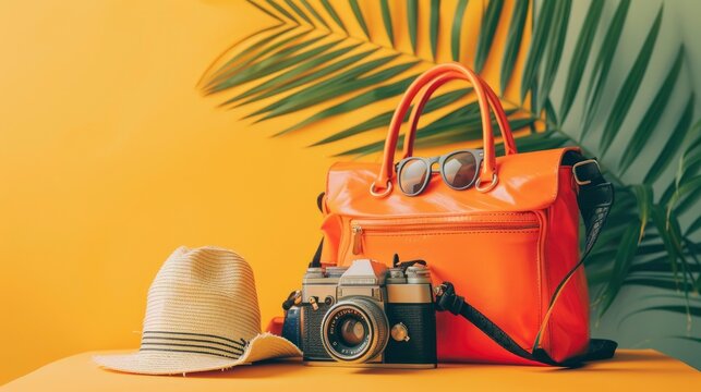 orange travel bag sunglasses, hat, camera, on pastel yellow background, travel, sea. - generative ai