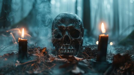 black magic candles with a skull on the ground with fog in the forest.