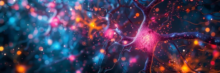 Dynamic neural synapse activity illustration. Neuroscience and connectivity concept - obrazy, fototapety, plakaty