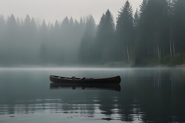 canoe in the water in nature with fog Generative AI