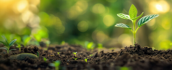 A young green plant sprouts from rich brown soil against a background of soft sunlight filtering through trees.