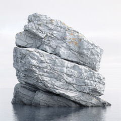  A large, textured rock formation juts out from calm waters under a cloudy sky. - obrazy, fototapety, plakaty