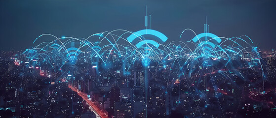 Network connection line between building over the top view of Cityscape at night, world map background which dicut each elements, cool tone color, network and connection concept