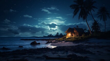 Castaway, ragged clothes, resilient castaway, building a shelter on a remote island beach, under clear starry skies, realistic image, moonlight, silhouette lighting