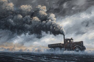 A tractor amid smoke, pollution, and industry, contrasting with the natural landscape - obrazy, fototapety, plakaty
