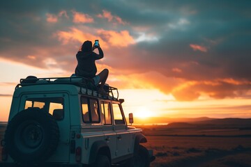 Traveler atop an off-road vehicle takes photos of a stunning sunset.